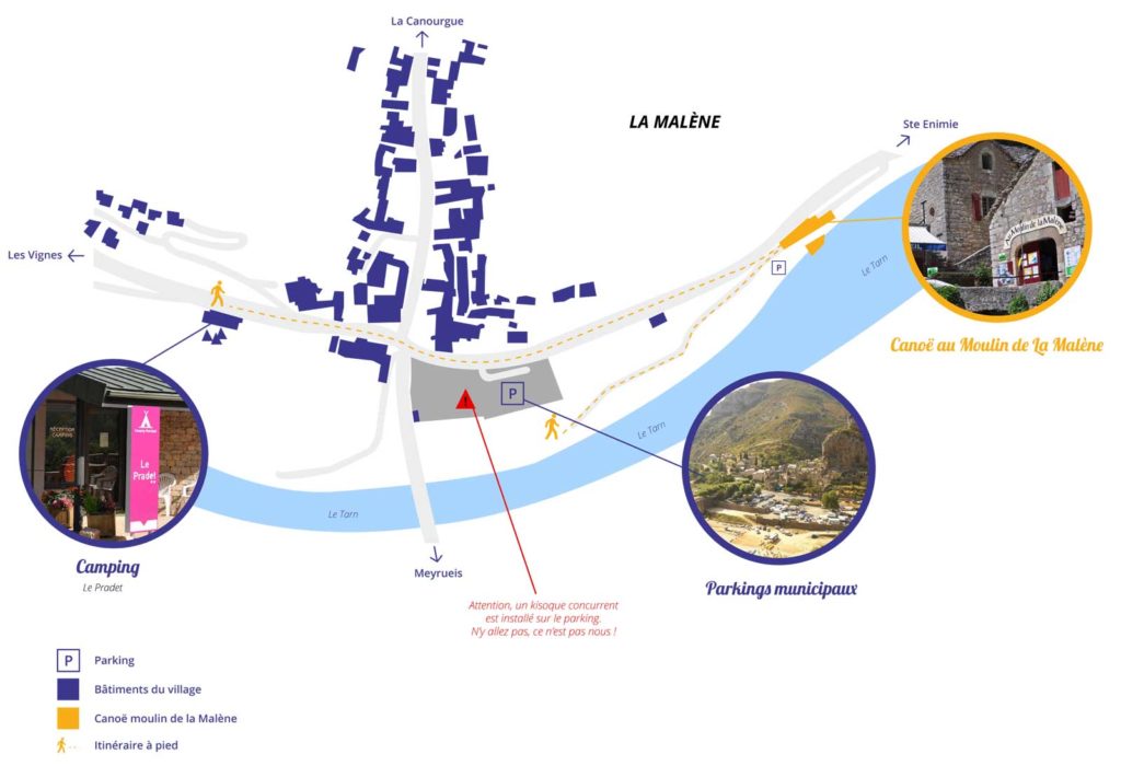 Plan d'accès pour faire du canoë dans les Gorges du Tarn